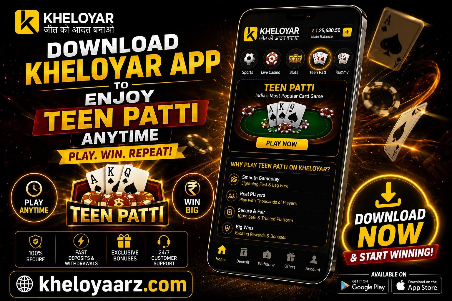 Download Kheloyar App to Enjoy Teen Patti Anytime